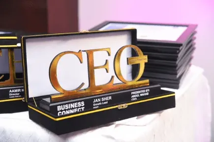 An award trophy presented by CEO Minds Pakistan